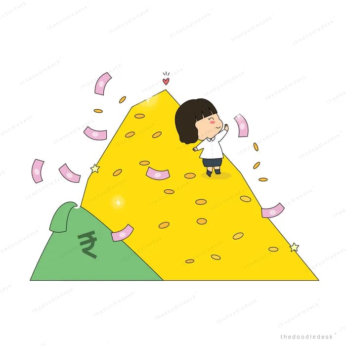 Girl sliding down a giant pile of coins and currency