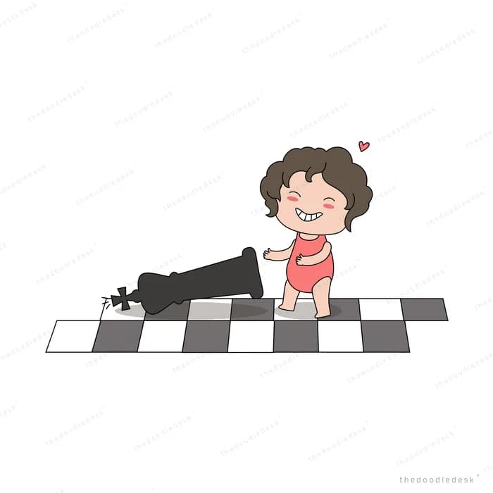 Girl lying on a chequered floor propped on her elbows