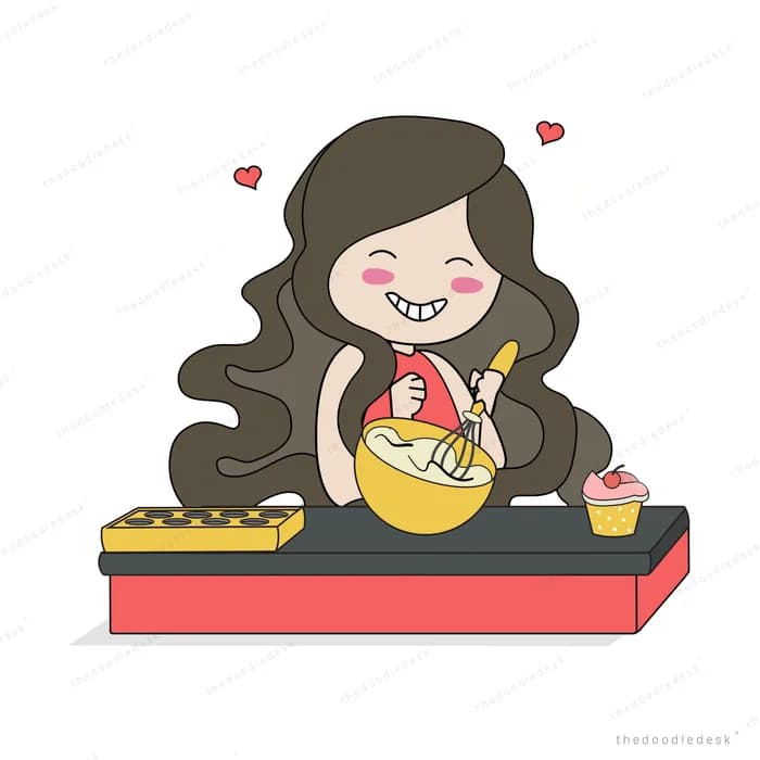 Woman with long hair leaning over a red table with food