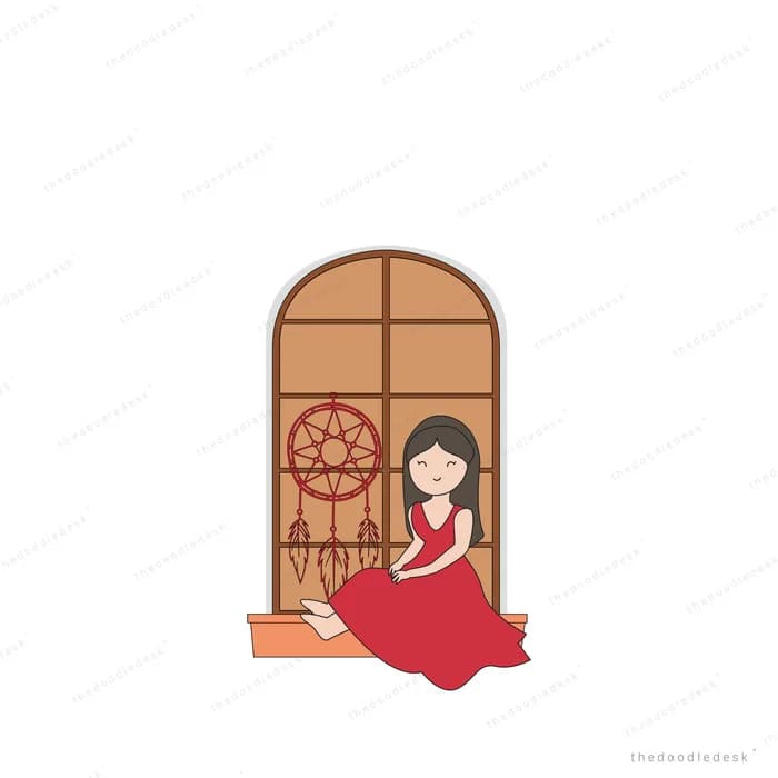 Woman in a red dress seated at an arched window