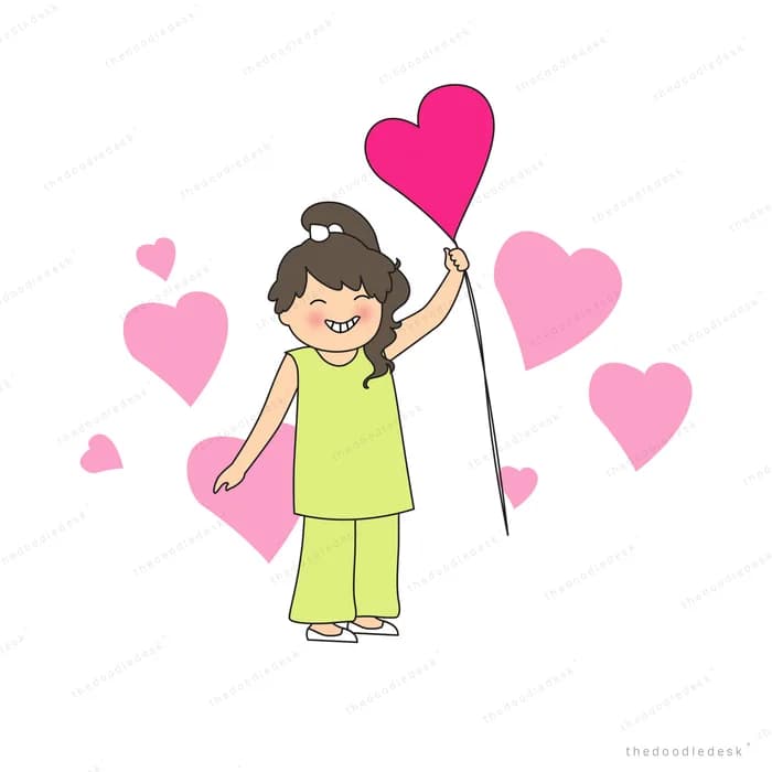 Girl in pyjamas holding a large pink heart balloon