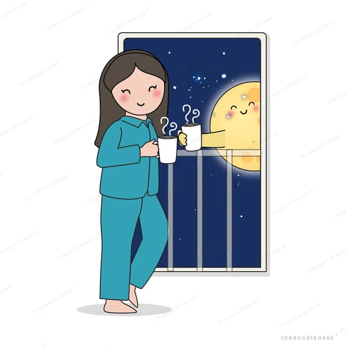 Woman in pyjamas with a mug looking out a night window
