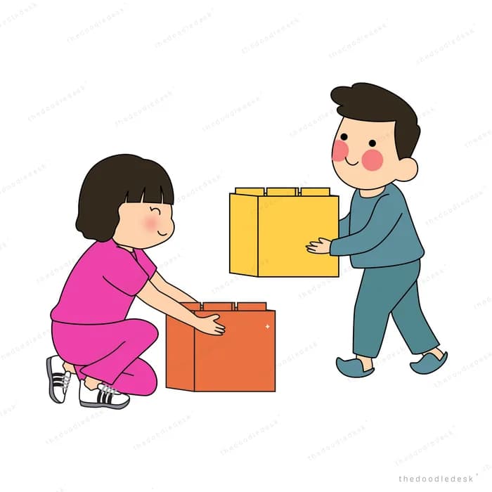 Two children passing a box between them