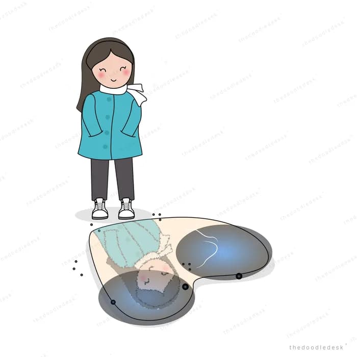 Girl standing thoughtfully beside broken plate pieces
