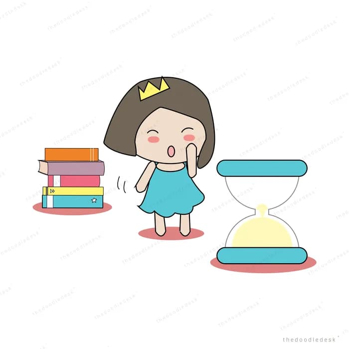 Girl standing between stacks of books and a cushion