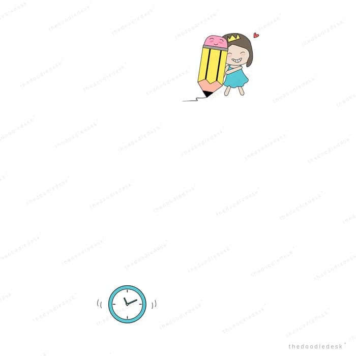 Girl with a giant pencil far above a small clock