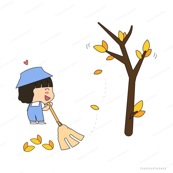Girl sweeping fallen leaves beneath an autumn tree