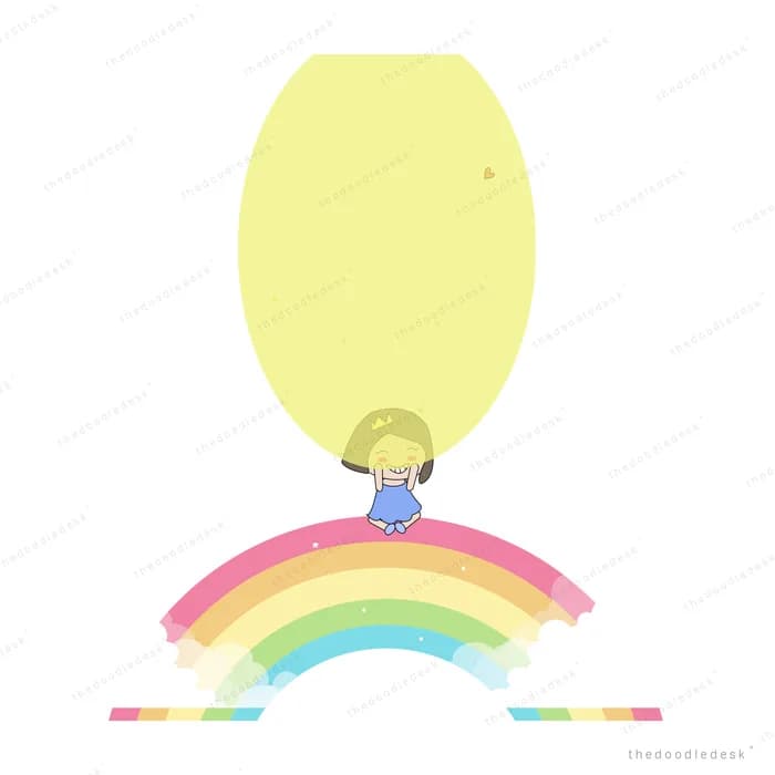 Girl peeking over the top of a rainbow