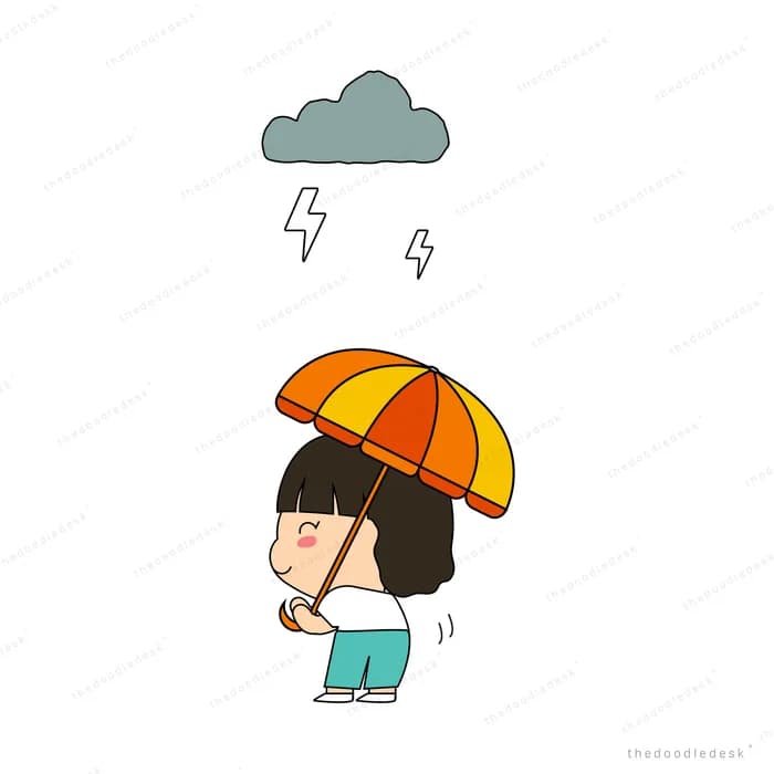 Two children sharing an orange umbrella under a storm cloud