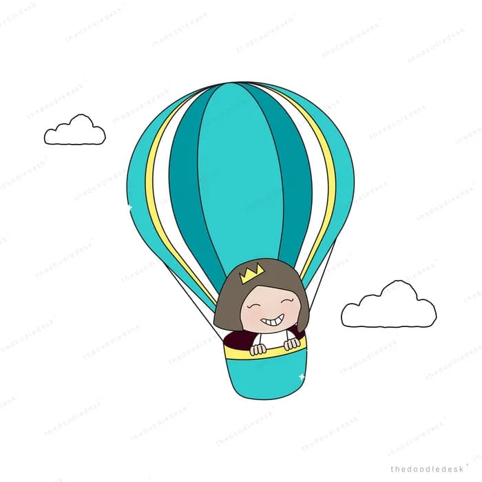 Children riding in a teal hot air balloon basket