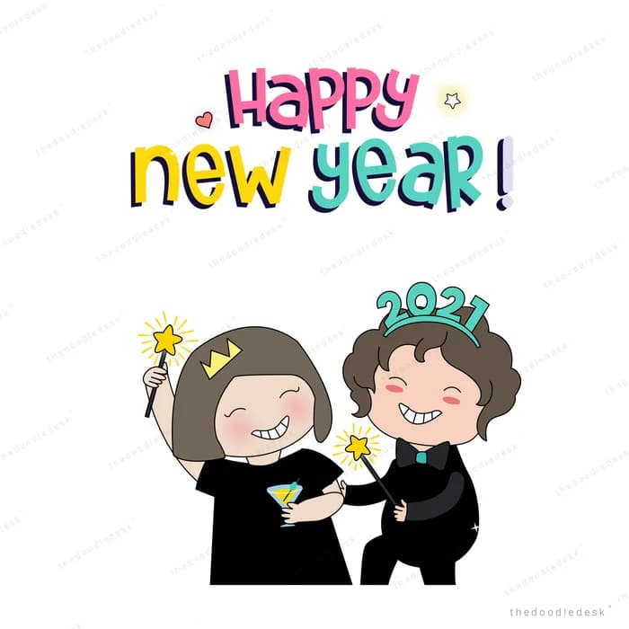 Couple in party hats celebrating under a happy new year sign