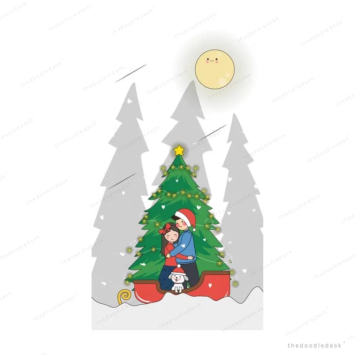 Children decorating a tall Christmas tree under a moon