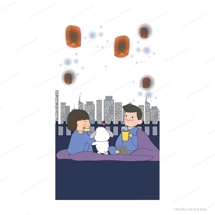 Family behind a railing under dark clouds over a city