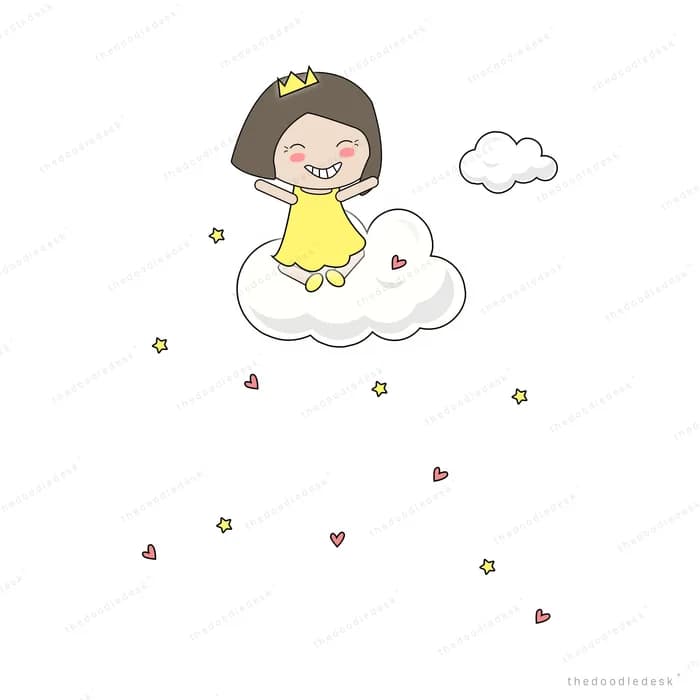 Girl in yellow sitting on a cloud with falling hearts