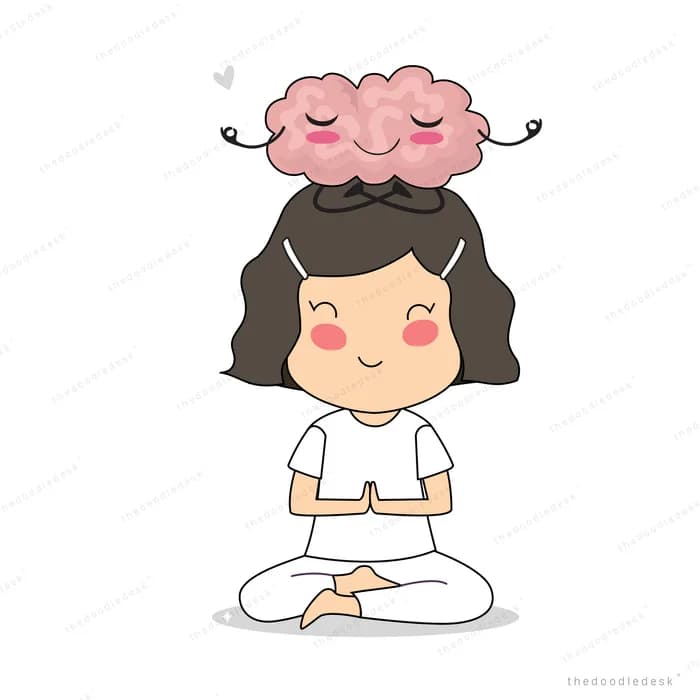 Woman meditating with a pink brain floating above her head
