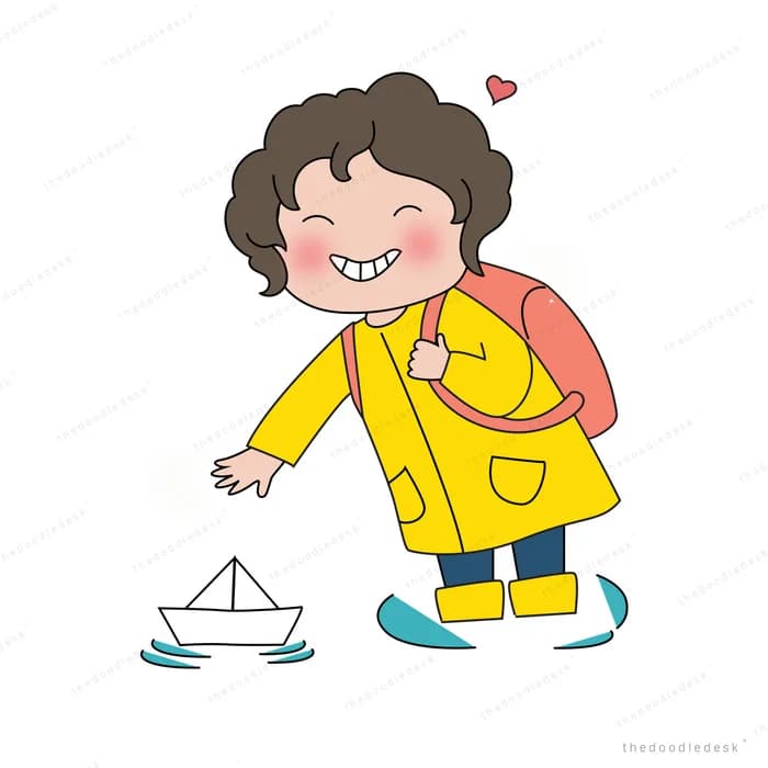 Girl in a yellow raincoat floating a paper boat