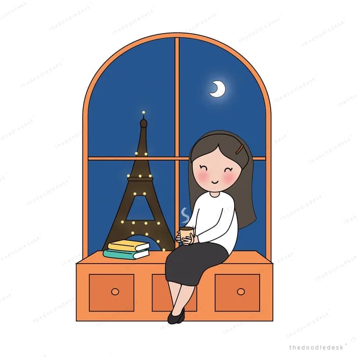 Woman on a window seat by a night city view