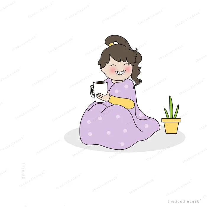 Woman in a purple dress sitting with a mug