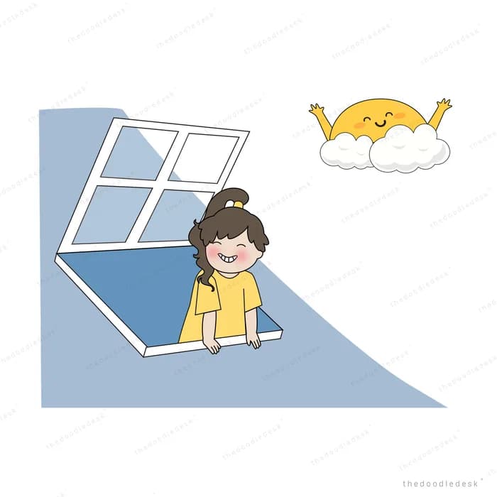 Girl sitting on the floor by an open window with a sun outside
