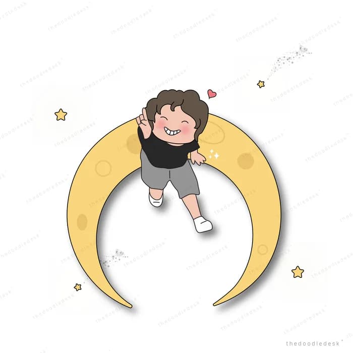 Girl reclining inside a crescent moon with stars