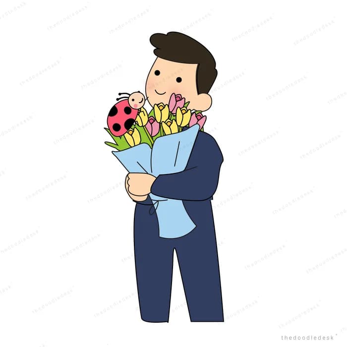 Man holding a bouquet of flowers with a ladybug