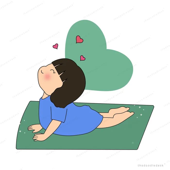 Girl lying on a green yoga mat with hearts above