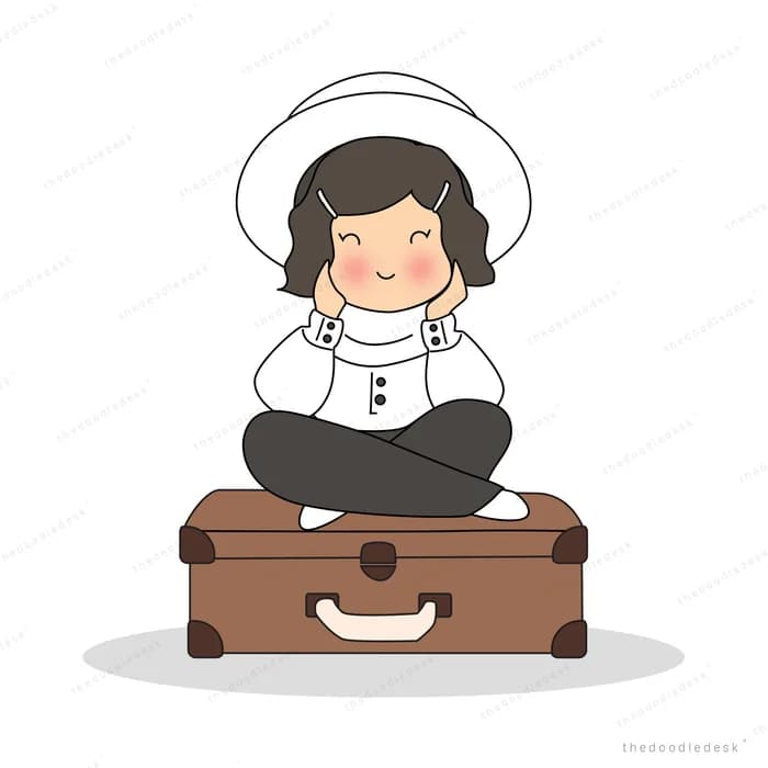 Woman in a sun hat sitting on a suitcase