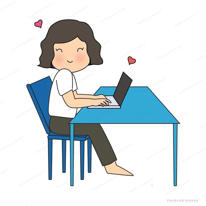 Woman working at a blue desk on a laptop with hearts