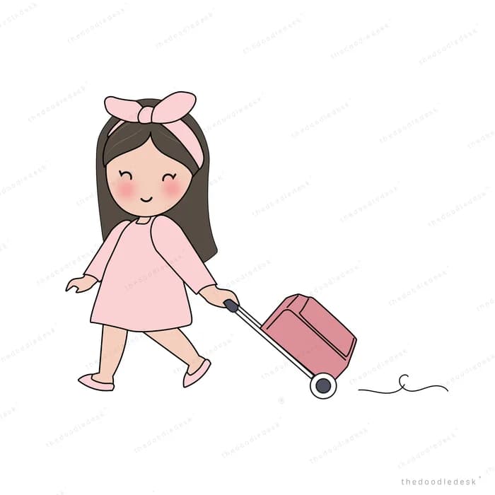 Girl in a pink dress pulling a red suitcase
