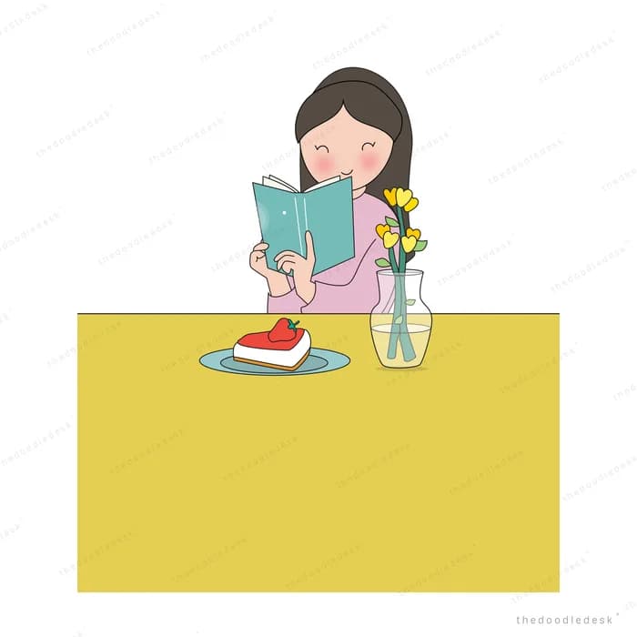 Woman reading at a yellow table with flowers and fruit