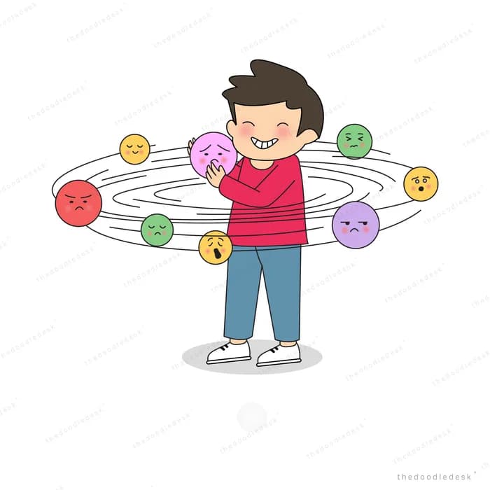 Boy surrounded by an orbit of small emoji faces