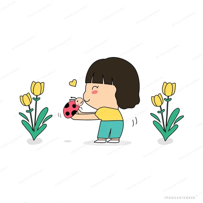 Girl picking yellow tulips from a flower bed