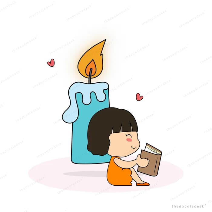 Girl reading beside a large lit candle