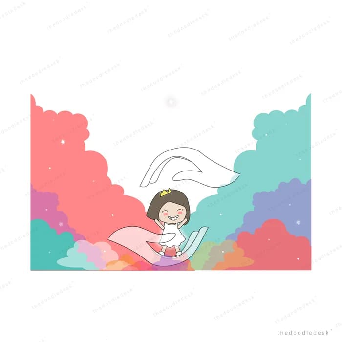 Girl lying among vivid pink and teal clouds