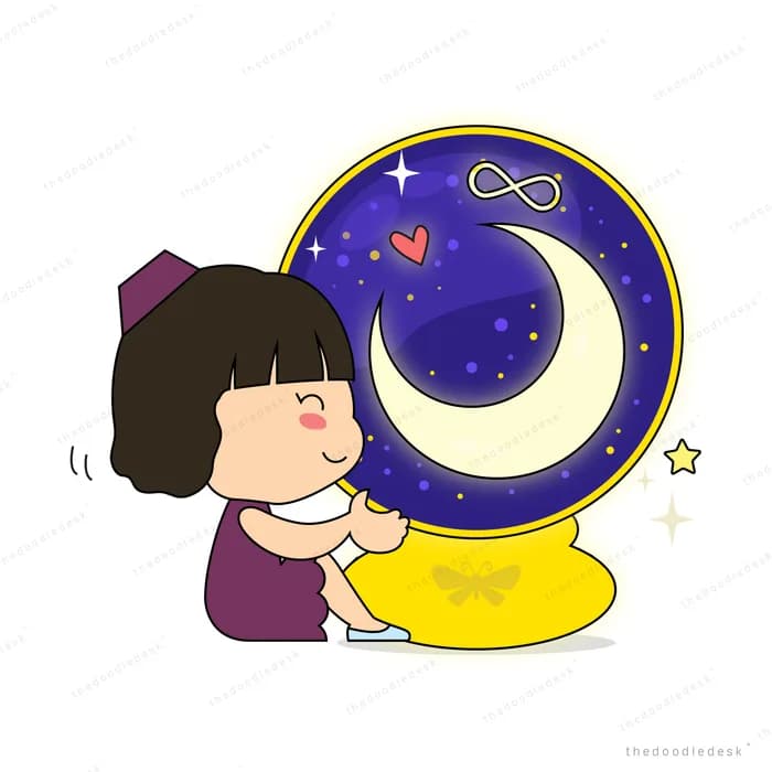 Girl hugging a crescent moon against a night circle