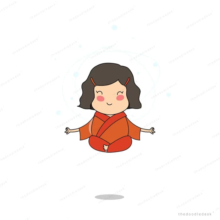 Woman in an orange shawl sitting cross-legged