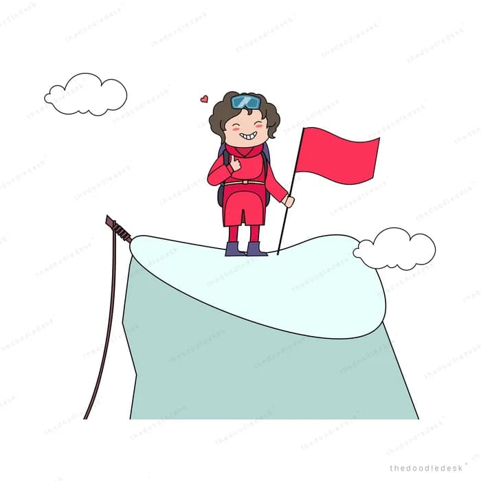 Girl planting a red flag on a snowy summit