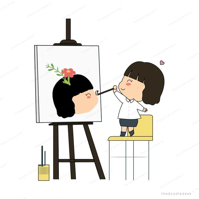 Child painting a portrait at an easel while another poses