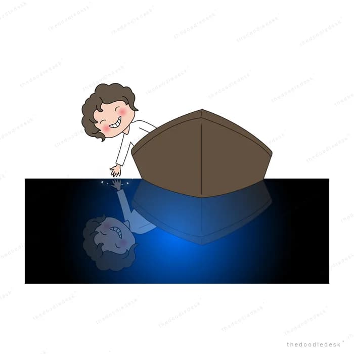 Child with a torch peering over a dark rock