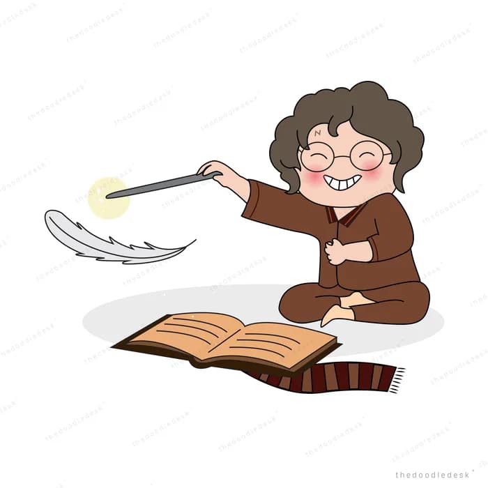 Elderly woman writing in a large open book with a quill