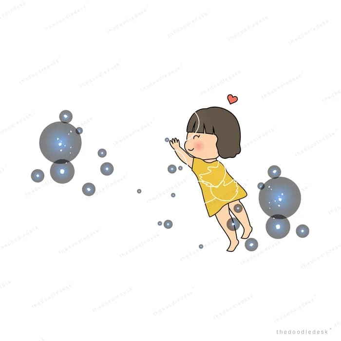 Girl in yellow among floating dark bubbles