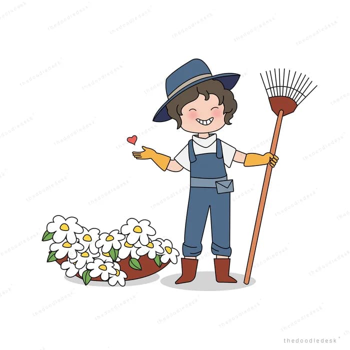 Farmer with a rake standing in a cotton field