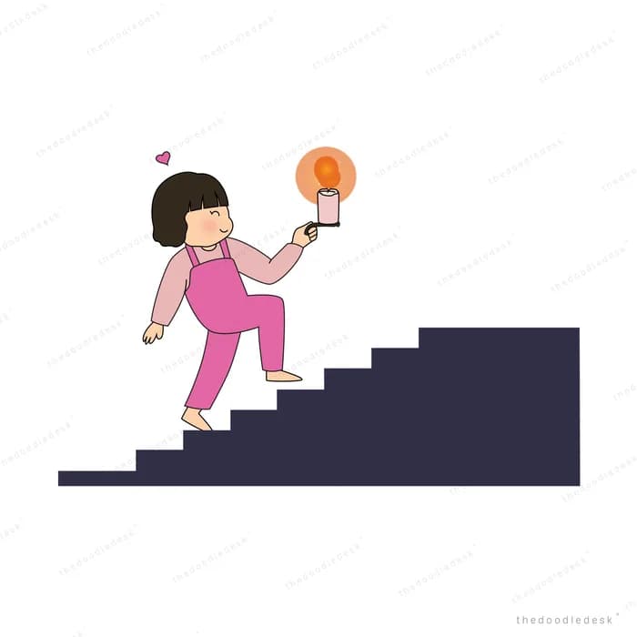 Girl on steps holding a small light in the dark