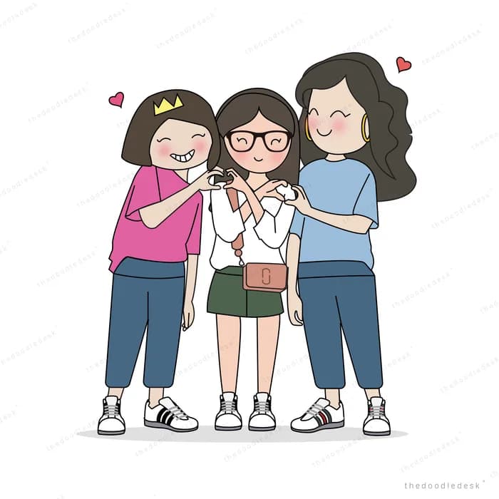 Three friends standing arm in arm with hearts