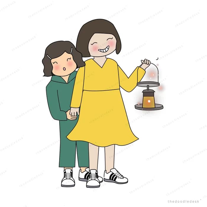 Two women standing together holding a lantern
