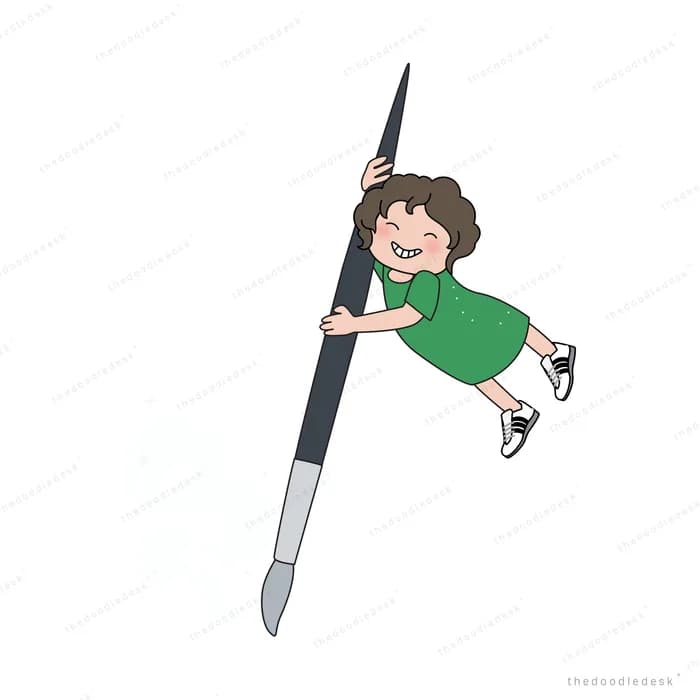 Girl clinging to a giant upright pen
