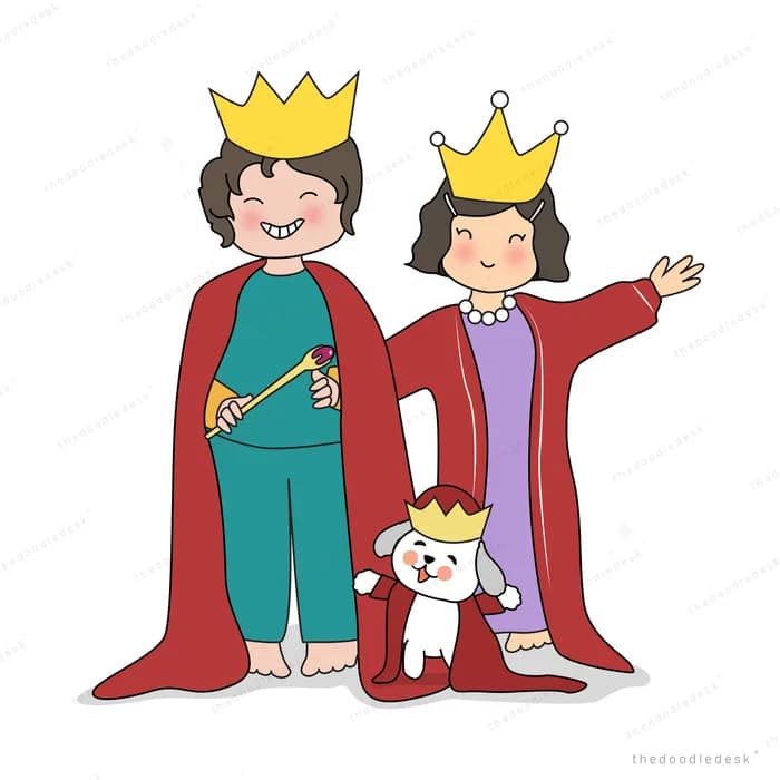Royal family in crowns and capes with a small dog