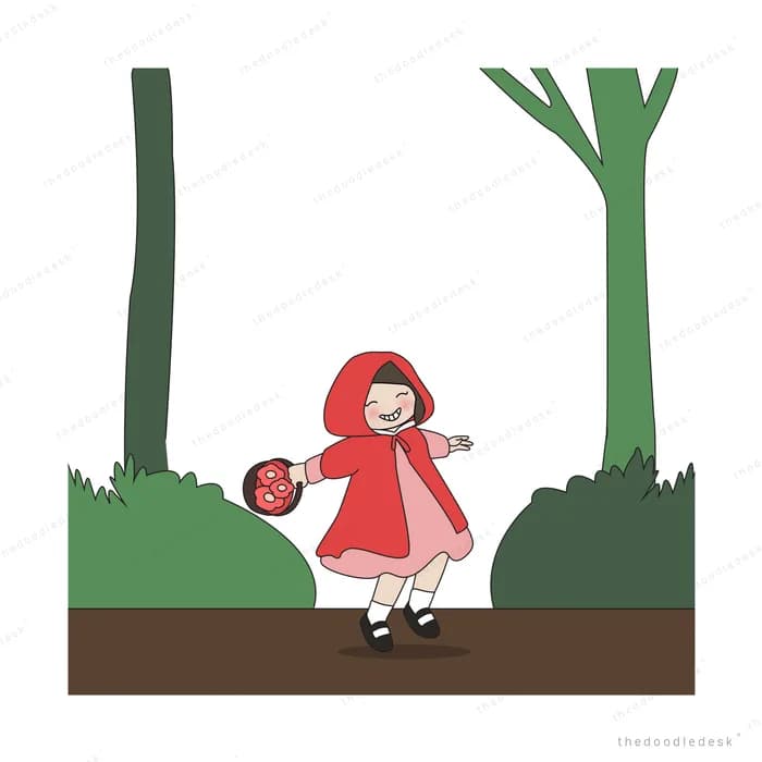 Girl in a red hood walking between tall trees