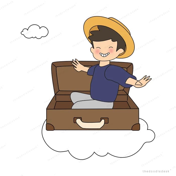Man in a sun hat sitting in an open suitcase on a cloud