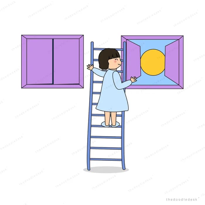 Girl on a ladder between two coloured window frames